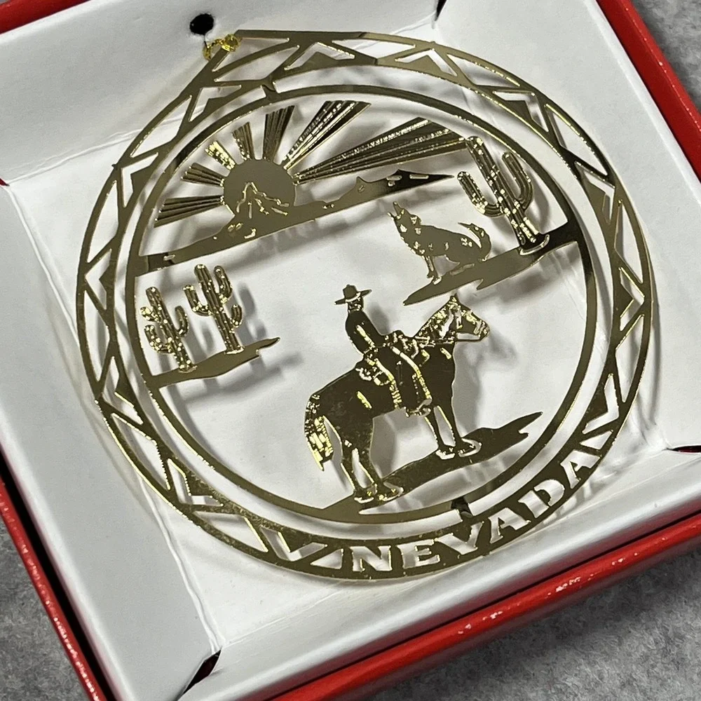 Nevada Ornament Gold‎ Metal Cowboy Horse Desert Christmas Nations Treasures Box